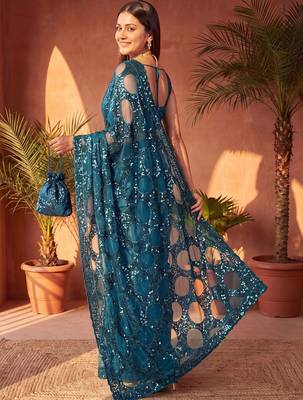 Teal embellished sequinned net designer saree 4