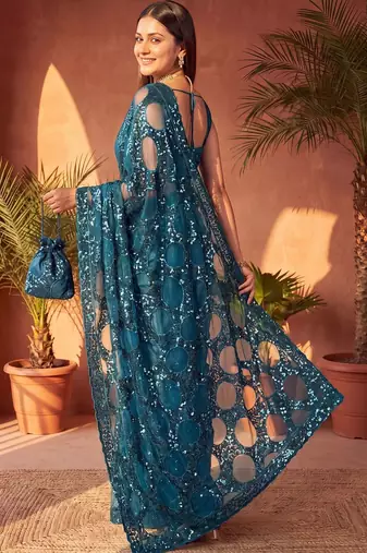 Teal embellished sequinned net designer saree