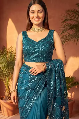 Teal embellished sequinned net designer saree