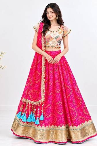 Off white embroidered choli with coral bandhej lehenga set