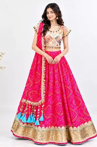 Off white embroidered choli with coral bandhej lehenga set