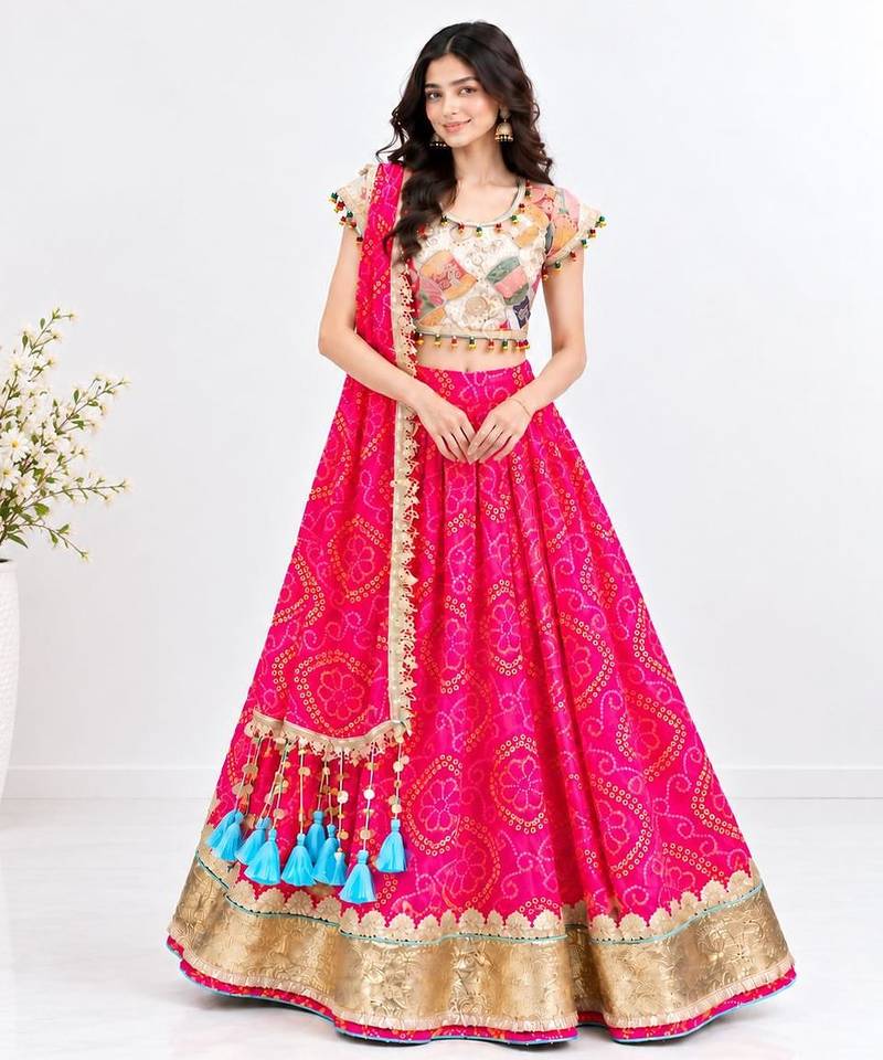 Off white embroidered choli with coral bandhej lehenga set