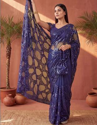 Navy blue sequinned net designer saree 1