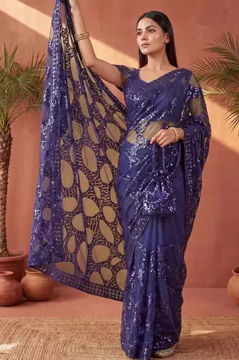 Navy blue sequinned net designer saree