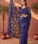 Navy blue sequinned net designer saree