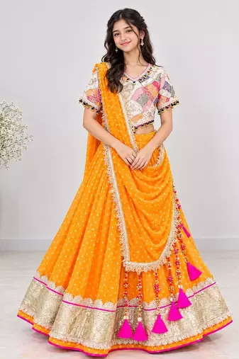 Off white embroidered choli with orange bandhej lehenga set