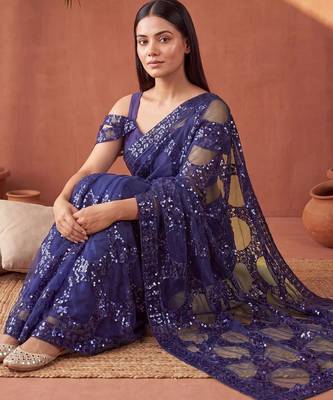 Navy blue sequinned net designer saree 2