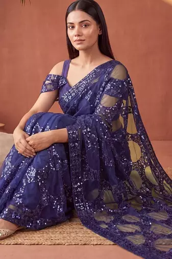 Navy blue sequinned net designer saree