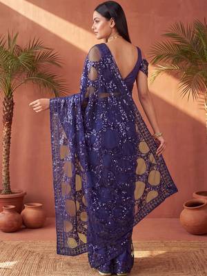 Navy blue sequinned net designer saree 3