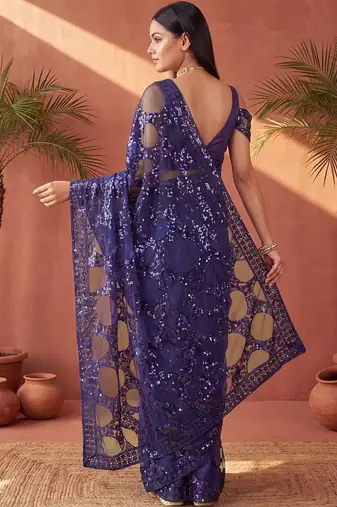 Navy blue sequinned net designer saree