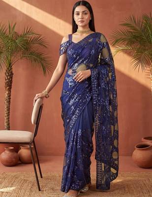 Navy blue sequinned net designer saree 4