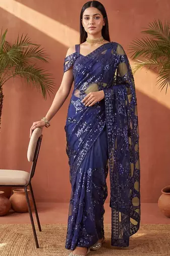 Navy blue sequinned net designer saree