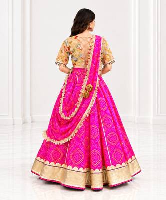 Mustard embroidered choli with pink bandhej lehenga set 2