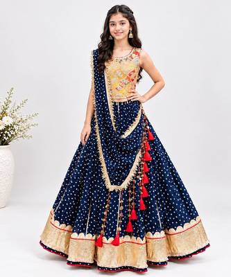 Mustard embroidered choli with royal blue bandhej lehenga set 1