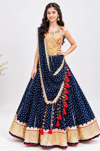 Mustard embroidered choli with royal blue bandhej lehenga set