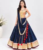Mustard embroidered choli with royal blue bandhej lehenga set