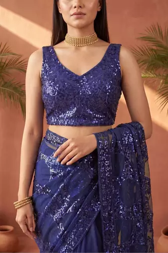 Navy blue sequinned net designer saree