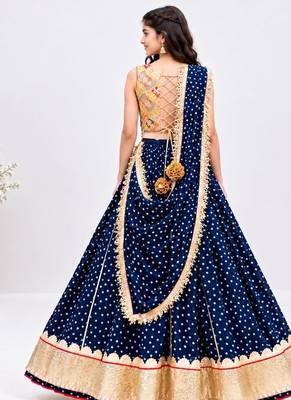 Mustard embroidered choli with royal blue bandhej lehenga set 2