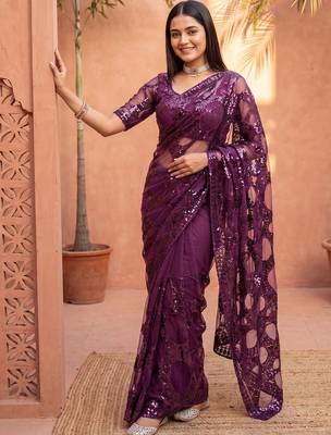 Purple sequinned net designer saree 1