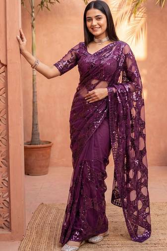 Purple sequinned net designer saree