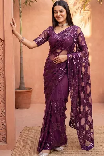 Purple sequinned net designer saree