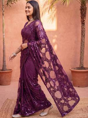 Purple sequinned net designer saree 2
