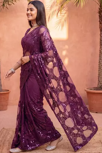 Purple sequinned net designer saree