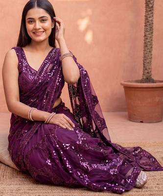 Purple sequinned net designer saree 3