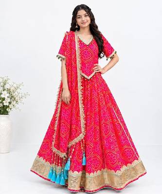 Coral embroidered bandhej lehenga choli set 1