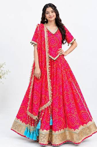 Coral embroidered bandhej lehenga choli set
