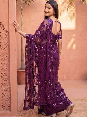 Purple sequinned net designer saree 4