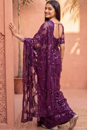 Purple sequinned net designer saree