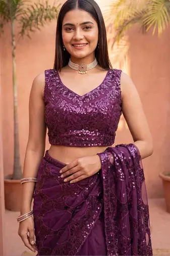 Purple sequinned net designer saree