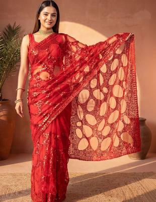 Red sequinned net designer saree 1