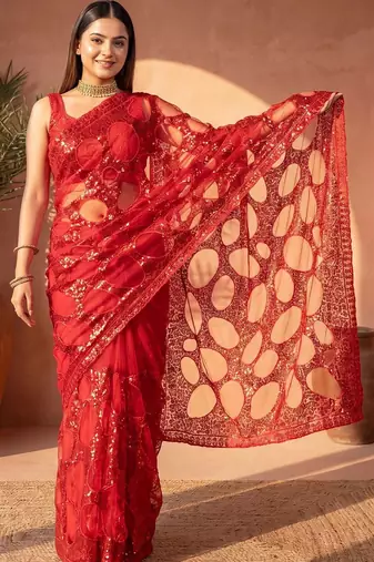 Red sequinned net designer saree