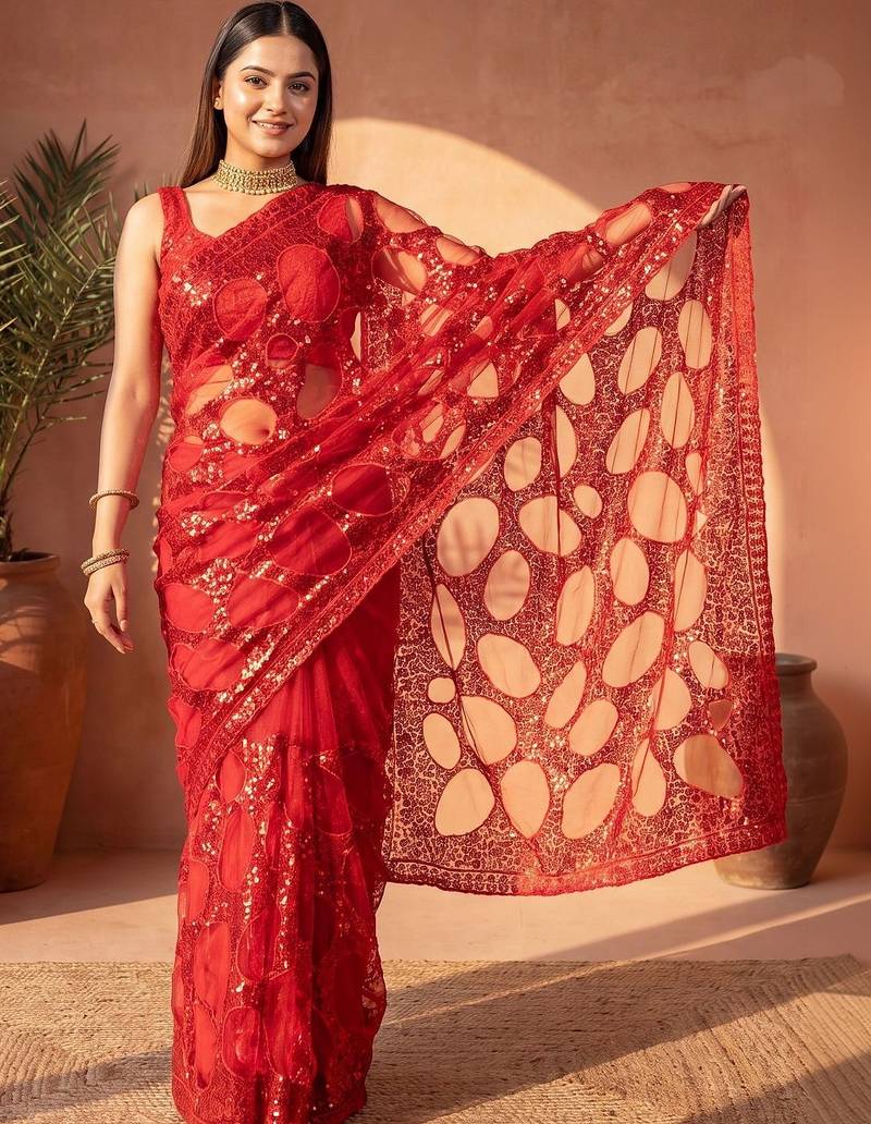 Red sequinned net designer saree