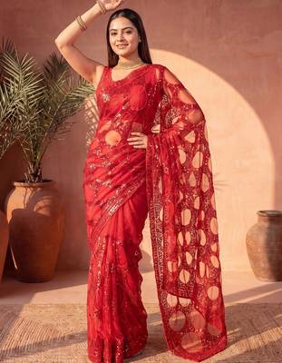 Red sequinned net designer saree 2