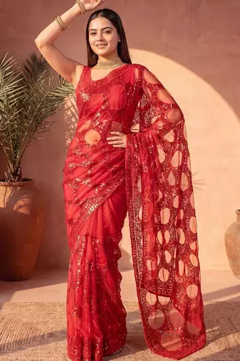 Red sequinned net designer saree
