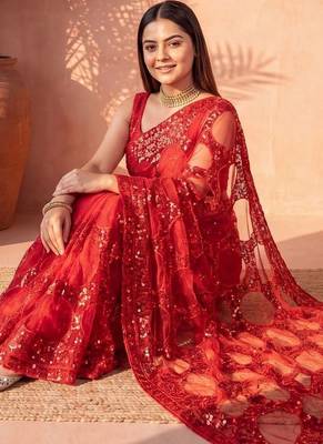 Red sequinned net designer saree 3