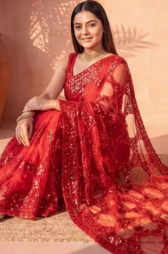 Red sequinned net designer saree