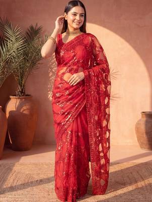 Red sequinned net designer saree 4