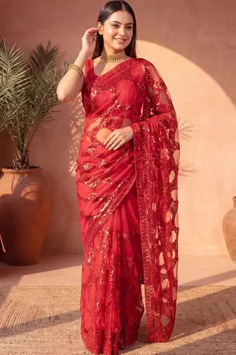 Red sequinned net designer saree