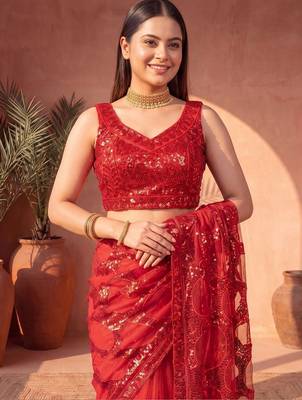 Red sequinned net designer saree 5
