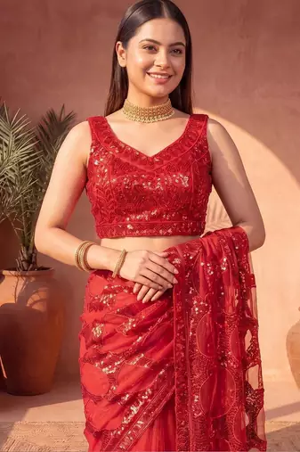 Red sequinned net designer saree