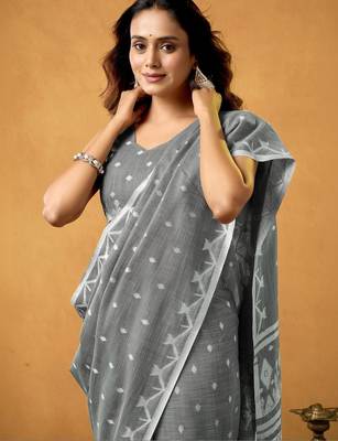 Grey ethnic motifs linen blend handloom saree 1