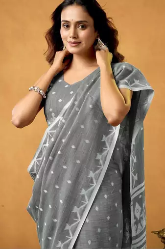 Grey ethnic motifs linen blend handloom saree
