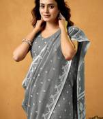 Grey ethnic motifs linen blend handloom saree