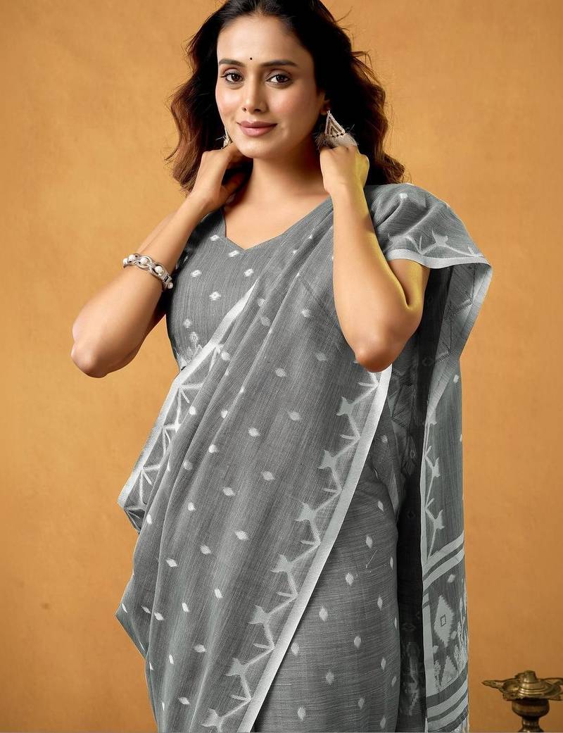 Grey ethnic motifs linen blend handloom saree