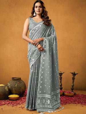 Grey ethnic motifs linen blend handloom saree 2