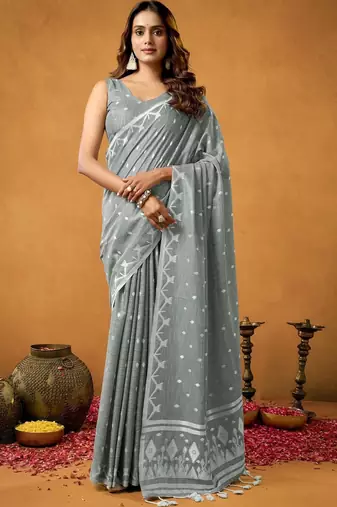 Grey ethnic motifs linen blend handloom saree